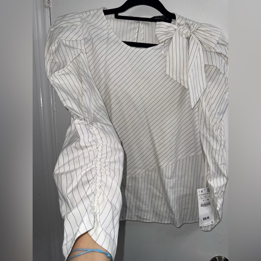 Zara White Striped Shirt with Bow Puff Sleeves size L NWT - Picture 6 of 10